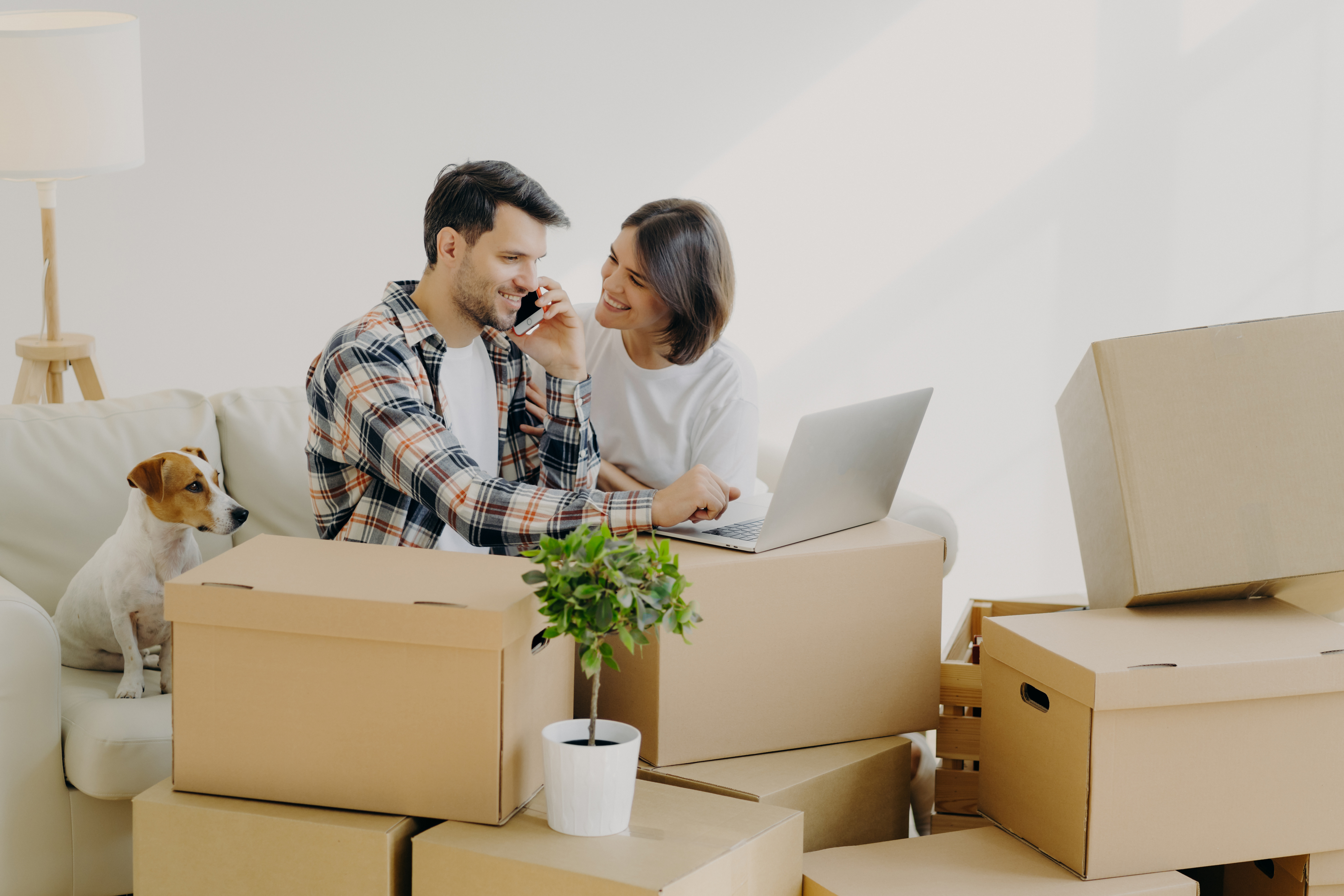 husband and wife move in new bought house, buy furniture online, use modern technology